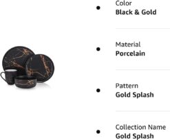 Stone Lain Modern Gold Splash Exquisite Fine China Dinnerware Set, 16 Piece - Service for 4, Black & Gold - 9