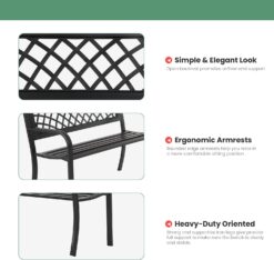 Garden Bench,Outdoor Benches,Iron Steel Frame Patio Bench with Mesh Pattern and Plastic Backrest Armrests for Lawn Yard Porch Work Entryway,Black - 5