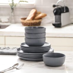 Stone Lain Logan 12 Pieces Stoneware Dinnerware Set, Grey - 3