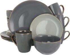 Elama Round Stoneware Grand Collection Dinnerware Dish Set, 16 Piece, Assorted Solid Gray - 1