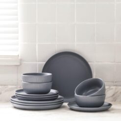 Stone Lain Logan 12 Pieces Stoneware Dinnerware Set, Grey - 2