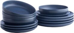 Porto by Stone Lain Macchio 12-Piece Dinnerware Set Stoneware, Blue Matte, Crafted in Portugal, Scratch-Resistant - 1
