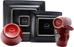 Elama Stoneware Dinnerware Collection, 16 Piece, Red with White Flower Accents - 4