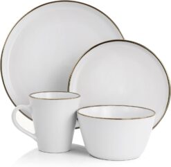 Elama Arthur 16 Piece Stoneware Dinnerware Set in Matte White with Gold Rim (Arthur Paul Louis Set) - 2