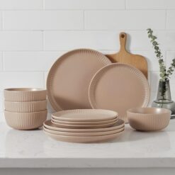 Stone Lain Logan 12 Pieces Stoneware Dinnerware Set, Beige - 2