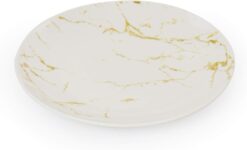 Elama Fine Marble Round Gloss Dinnerware Dish Set, 16 Piece, White and Gold - 5