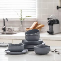 Stone Lain Logan 12 Pieces Stoneware Dinnerware Set, Grey - 6