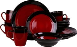 Elama Round Stoneware Two-Toned Dinnerware Dish Set, 16 Piece, Bright Red and Black - 1