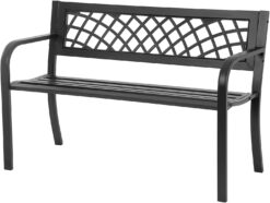 Garden Bench,Outdoor Benches,Iron Steel Frame Patio Bench with Mesh Pattern and Plastic Backrest Armrests for Lawn Yard Porch Work Entryway,Black - 1