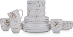 Stone Lain Modern Splash Exquisite Fine China Dinnerware Set, 16 Piece - Service for 4, White & Gold - 1