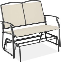 Best Choice Products 2-Person Outdoor Patio Swing Glider Steel Bench Loveseat Rocker for Deck, Porch w/Textilene Fabric, Steel Frame - Ivory/Gray - 1
