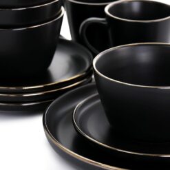 Elama Paul 16 Piece Stoneware Dinnerware Set in Matt Black with Gold Rim, Matte Black, 16 Piece Set (Arthur Paul Louis Set) - 7