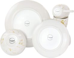Elama Fine Marble Round Gloss Dinnerware Dish Set, 16 Piece, White and Gold - 9