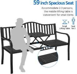 Yaheetech Outdoor Garden Bench w/Pullout Middle Table, Metal Patio Bench, Front Porch Bench for Backyard, Weather-Resistant Frame, Patio Seating for 2-3 Person, Black - 7