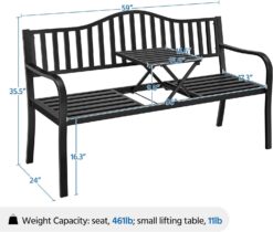 Yaheetech Outdoor Garden Bench w/Pullout Middle Table, Metal Patio Bench, Front Porch Bench for Backyard, Weather-Resistant Frame, Patio Seating for 2-3 Person, Black - 3