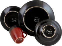 Elama Round Stoneware Two-Toned Dinnerware Dish Set, 16 Piece, Bright Red and Black - 4
