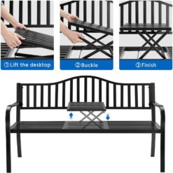 Yaheetech Outdoor Garden Bench w/Pullout Middle Table, Metal Patio Bench, Front Porch Bench for Backyard, Weather-Resistant Frame, Patio Seating for 2-3 Person, Black - 8