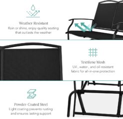 Best Choice Products 2-Person Outdoor Patio Swing Glider Steel Bench Loveseat Rocker for Deck, Porch w/Textilene Fabric, Steel Frame - Black - 5