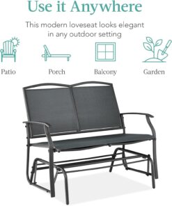 Best Choice Products 2-Person Outdoor Patio Swing Glider Steel Bench Loveseat Rocker for Deck, Porch w/Textilene Fabric, Steel Frame - Dark Gray - 7