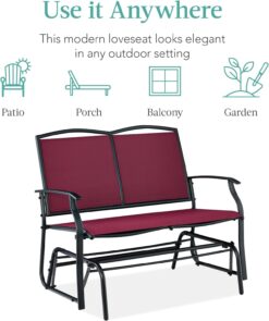 Best Choice Products 2-Person Outdoor Patio Swing Glider Steel Bench Loveseat Rocker for Deck, Porch w/Textilene Fabric, Steel Frame - Burgundy/Black - 7