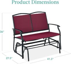 Best Choice Products 2-Person Outdoor Patio Swing Glider Steel Bench Loveseat Rocker for Deck, Porch w/Textilene Fabric, Steel Frame - Burgundy/Black - 3
