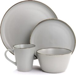 Elama Louis 16 Piece Stoneware Dinnerware Set in Matte Slate with Gold Rim, (Arthur Paul Louis Set) - 2