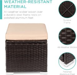 Best Choice Products Set of 2 Wicker Ottomans, Multipurpose Outdoor Furniture for Patio, Backyard, Additional Seating, Footrest, Side Table w/Storage, Removable Cushions - Brown/Beige - 4