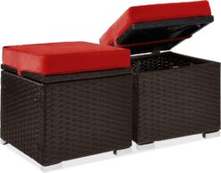 Best Choice Products Set of 2 Wicker Ottomans, Multipurpose Outdoor Furniture for Patio, Backyard, Additional Seating, Footrest, Side Table w/Storage, Removable Cushions - Red/Brown - 1