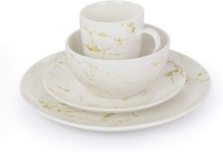 Elama Fine Marble Round Gloss Dinnerware Dish Set, 16 Piece, White and Gold - 2