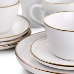 Elama Arthur 16 Piece Stoneware Dinnerware Set in Matte White with Gold Rim (Arthur Paul Louis Set) - 7