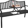 Yaheetech Outdoor Garden Bench w/Pullout Middle Table, Metal Patio Bench, Front Porch Bench for Backyard, Weather-Resistant Frame, Patio Seating for 2-3 Person, Black - 1