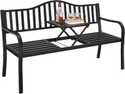Yaheetech Outdoor Garden Bench w/Pullout Middle Table, Metal Patio Bench, Front Porch Bench for Backyard, Weather-Resistant Frame, Patio Seating for 2-3 Person, Black - 1