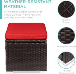 Best Choice Products Set of 2 Wicker Ottomans, Multipurpose Outdoor Furniture for Patio, Backyard, Additional Seating, Footrest, Side Table w/Storage, Removable Cushions - Red/Brown - 4