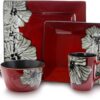 Elama Stoneware Dinnerware Collection, 16 Piece, Red with White Flower Accents - 1