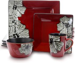 Elama Stoneware Dinnerware Collection, 16 Piece, Red with White Flower Accents - 1