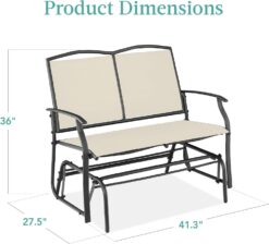 Best Choice Products 2-Person Outdoor Patio Swing Glider Steel Bench Loveseat Rocker for Deck, Porch w/Textilene Fabric, Steel Frame - Ivory/Gray - 3