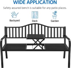 Yaheetech Outdoor Garden Bench w/Pullout Middle Table, Metal Patio Bench, Front Porch Bench for Backyard, Weather-Resistant Frame, Patio Seating for 2-3 Person, Black - 5