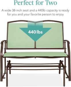 Best Choice Products 2-Person Outdoor Patio Swing Glider Steel Bench Loveseat Rocker for Deck, Porch w/Textilene Fabric, Steel Frame - Sage Green/Brown - 6
