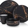 Stone Lain Modern Gold Splash Exquisite Fine China Dinnerware Set, 16 Piece - Service for 4, Black & Gold - 1