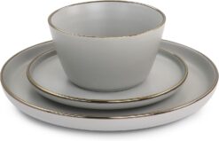 Elama Louis 16 Piece Stoneware Dinnerware Set in Matte Slate with Gold Rim, (Arthur Paul Louis Set) - 3