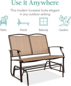 Best Choice Products 2-Person Outdoor Patio Swing Glider Steel Bench Loveseat Rocker for Deck, Porch w/Textilene Fabric, Steel Frame - Brown - 7