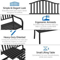 Yaheetech Outdoor Garden Bench w/Pullout Middle Table, Metal Patio Bench, Front Porch Bench for Backyard, Weather-Resistant Frame, Patio Seating for 2-3 Person, Black - 6