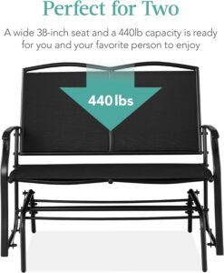Best Choice Products 2-Person Outdoor Patio Swing Glider Steel Bench Loveseat Rocker for Deck, Porch w/Textilene Fabric, Steel Frame - Black - 6