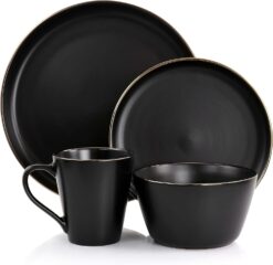 Elama Paul 16 Piece Stoneware Dinnerware Set in Matt Black with Gold Rim, Matte Black, 16 Piece Set (Arthur Paul Louis Set) - 2