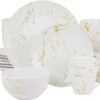 Elama Fine Marble Round Gloss Dinnerware Dish Set, 16 Piece, White and Gold - 1