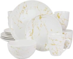 Elama Fine Marble Round Gloss Dinnerware Dish Set, 16 Piece, White and Gold - 1
