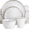 Elama Arthur 16 Piece Stoneware Dinnerware Set in Matte White with Gold Rim (Arthur Paul Louis Set) - 1