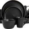 Elama Paul 16 Piece Stoneware Dinnerware Set in Matt Black with Gold Rim, Matte Black, 16 Piece Set (Arthur Paul Louis Set) - 1