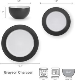 Pfaltzgraff Grayson Charcoal 12 Piece Dinnerware Set, Service for 4 - 4