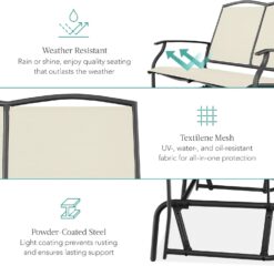 Best Choice Products 2-Person Outdoor Patio Swing Glider Steel Bench Loveseat Rocker for Deck, Porch w/Textilene Fabric, Steel Frame - Ivory/Gray - 5